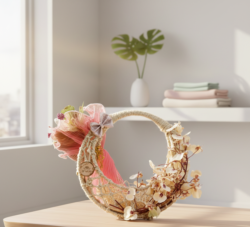 Decorative moon-shaped wreath with flowers on a wooden table in a bright room.