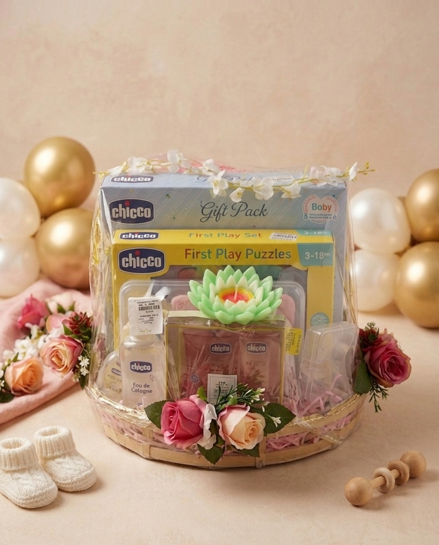 Baby gift set with baby products, flowers, and toys on a beige background