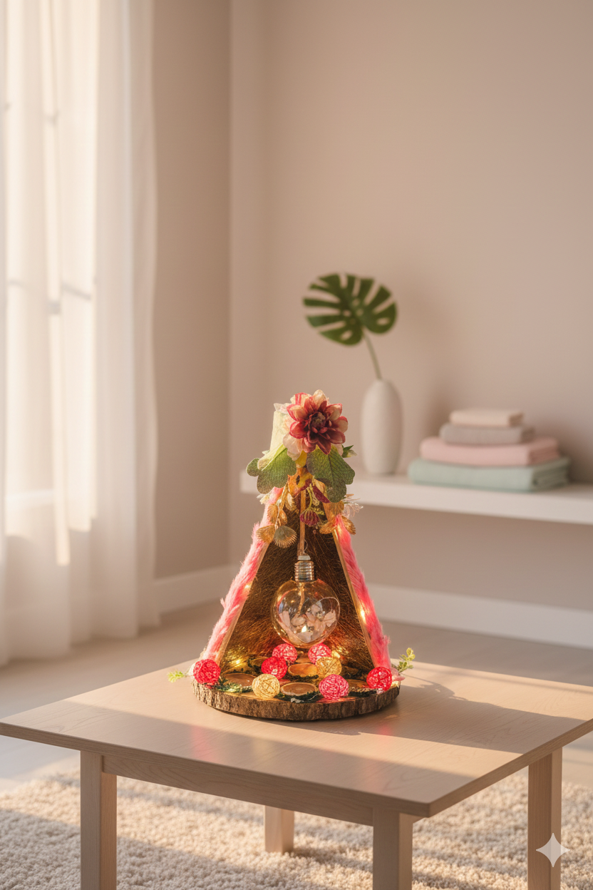 Decorative tea light holder with flowers on a wooden table in a room with light-colored walls and curtains.