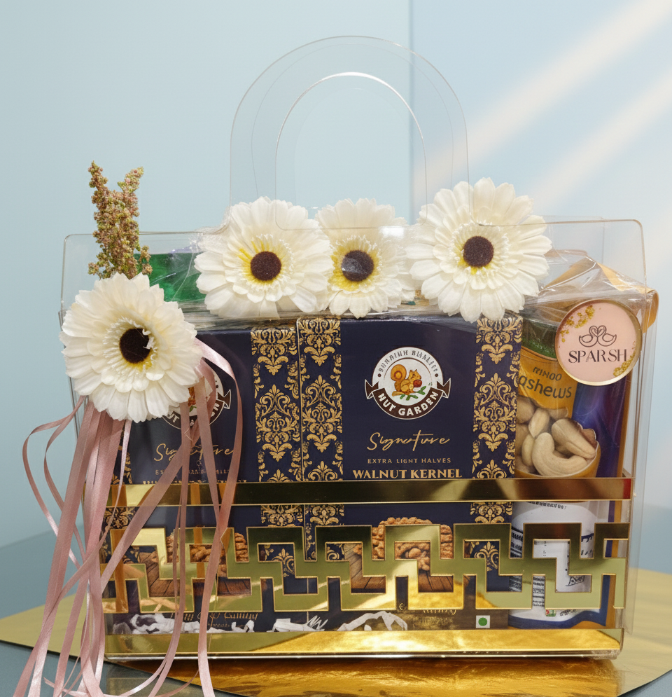 Gift basket with snacks and flowers on a light blue background