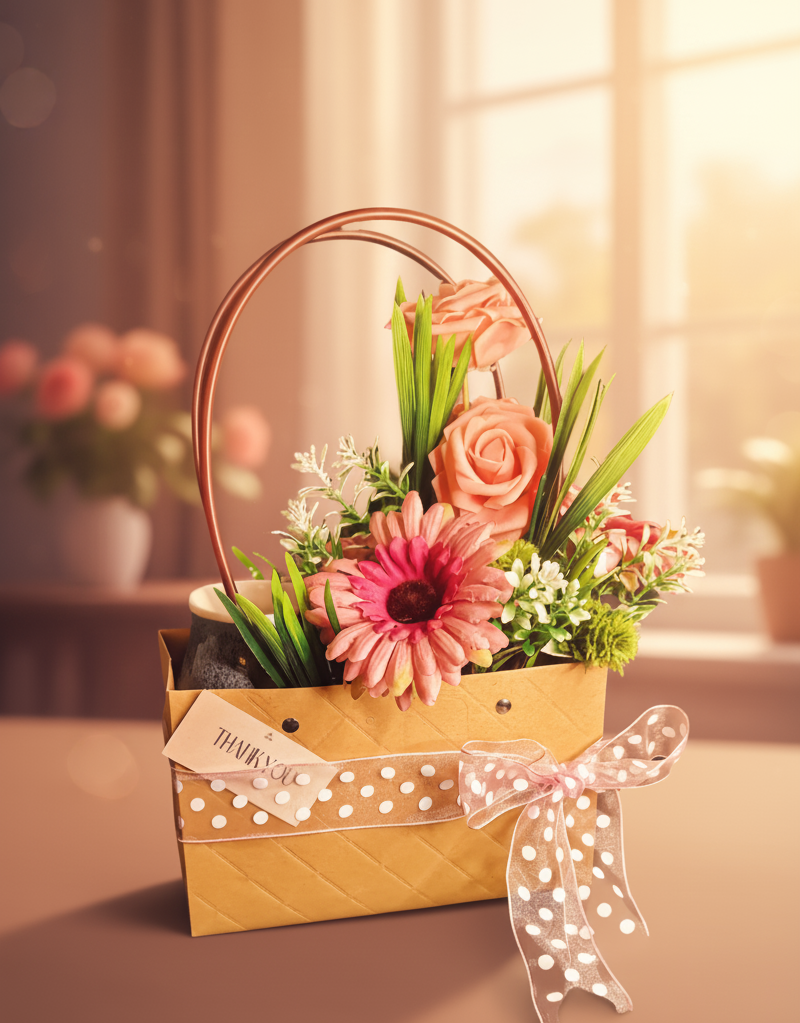 Floral arrangement in a basket with a pink bow on a blurred background