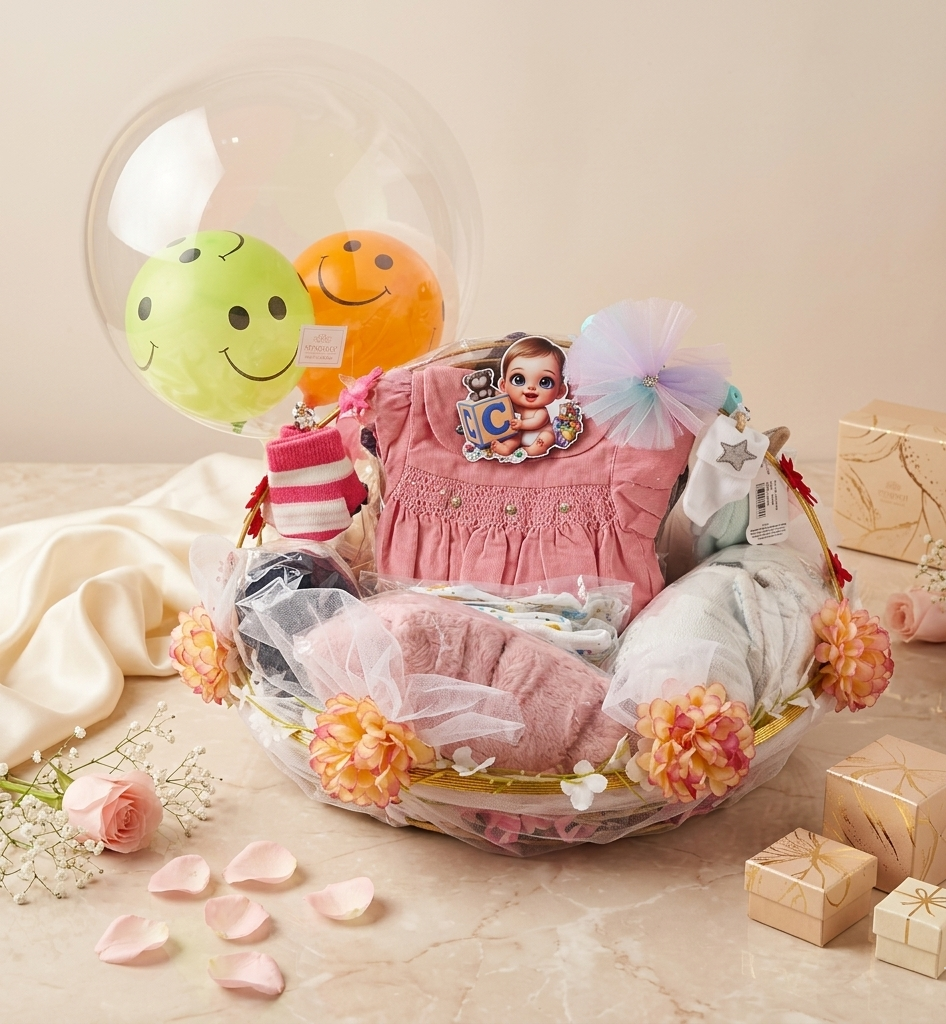 Baby gift basket with toys, balloons, and flowers on a light background