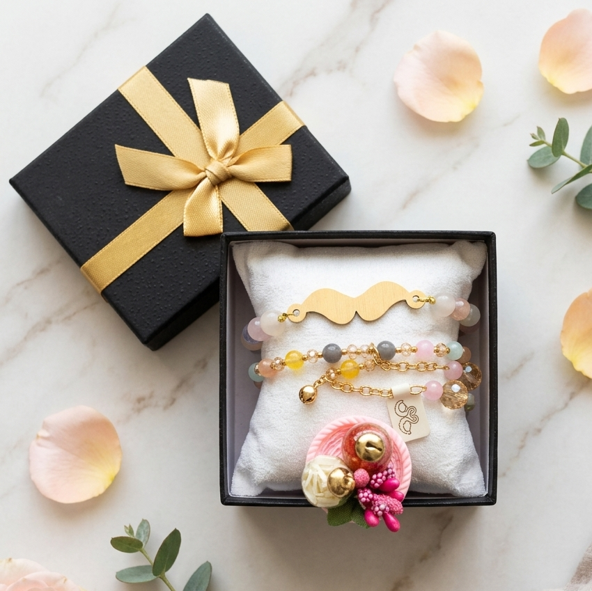 A styled flat-lay of a gift set featuring a black gift box with a gold ribbon and a second open black box displaying a set of three delicate beaded bracelets with gold charms and a pink floral ornament. The scene is decorated with peach rose petals, green eucalyptus sprigs, and a beige fabric on a white marble background.