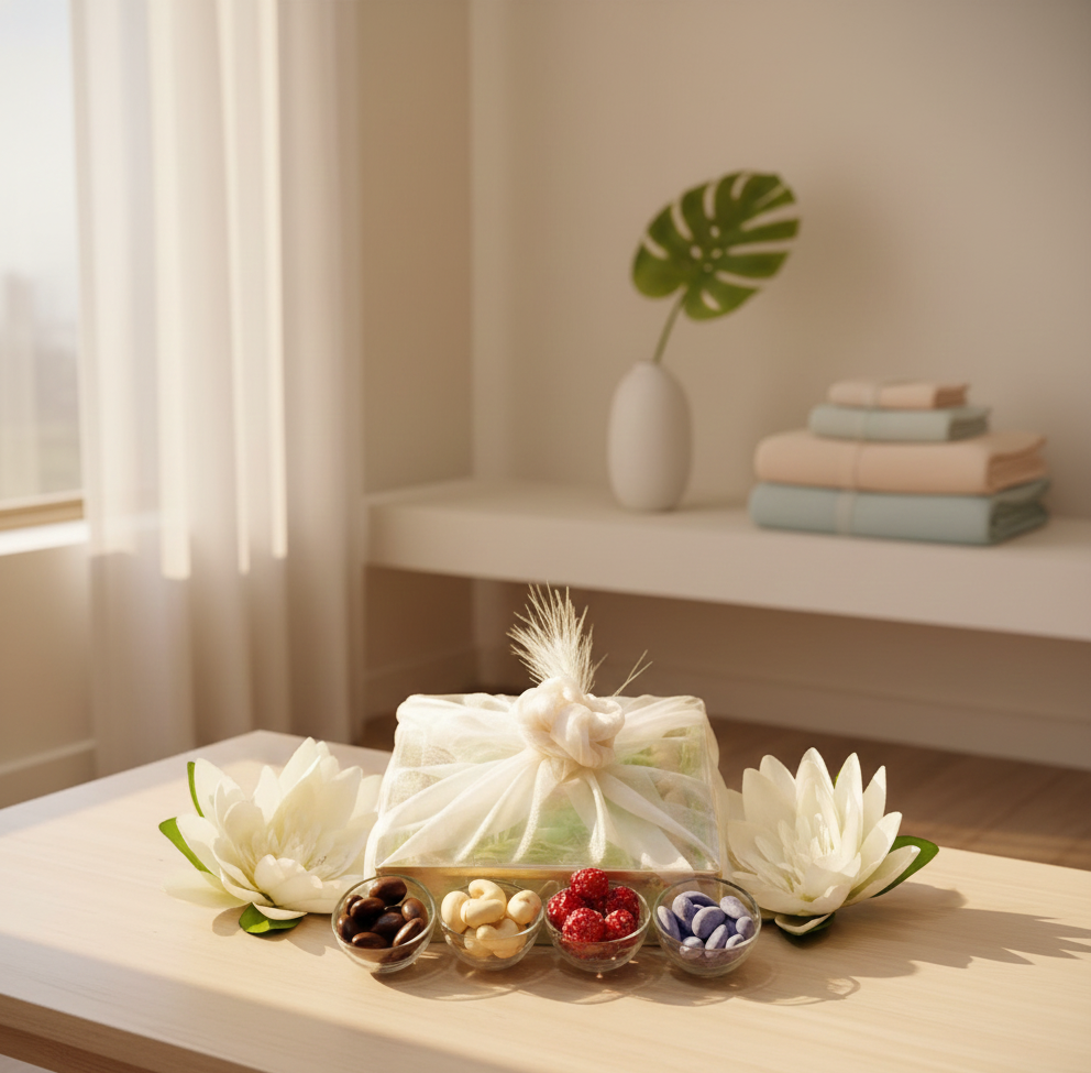 Decorative arrangement on a table with white flowers, small bowls of snacks, and folded cloths in the background.