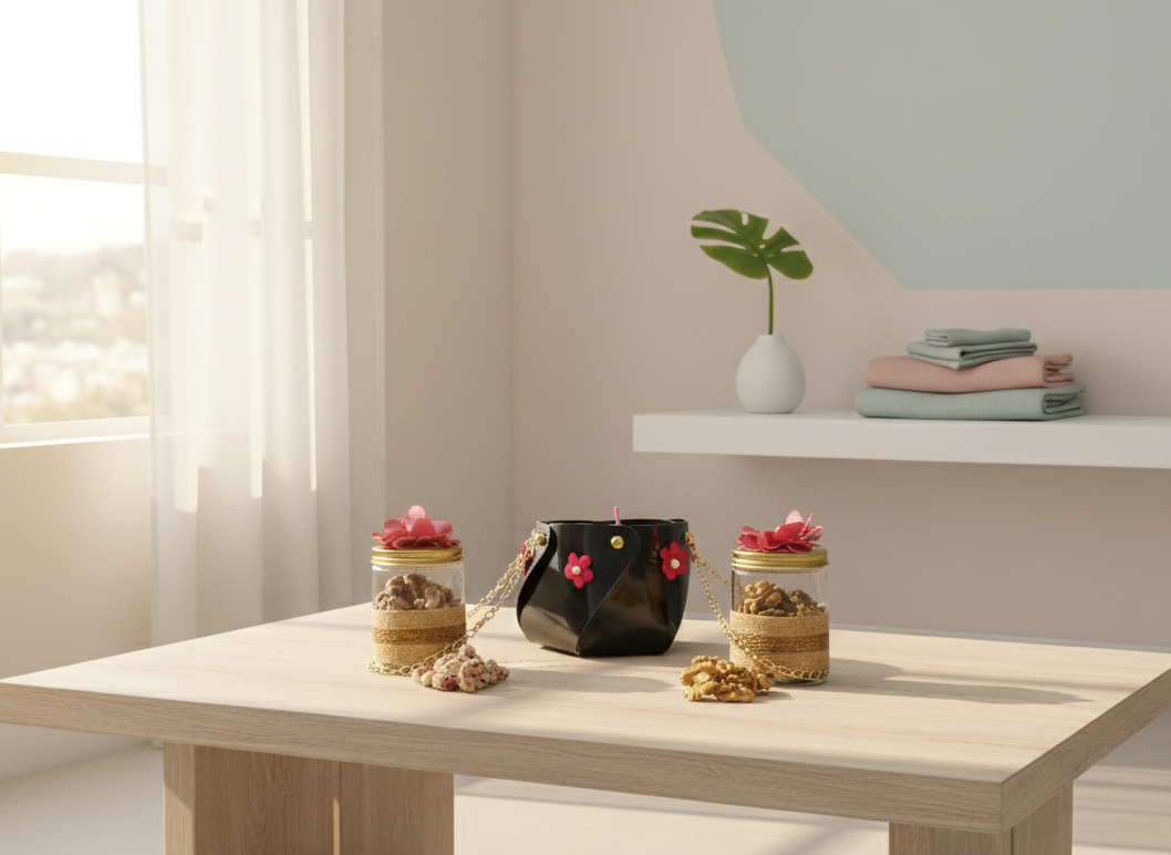 Decorative jars with flowers on a wooden table in a bright room.