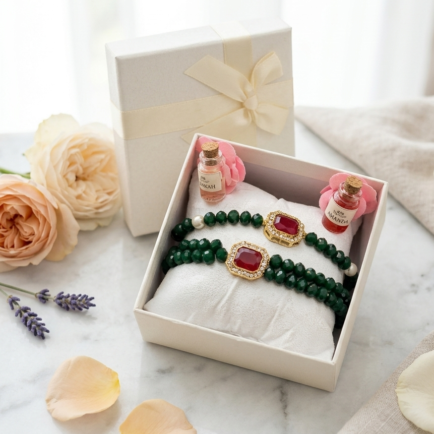 Bhaiya Bhabhi Emerald Beads & Ruby Stone Rakhi