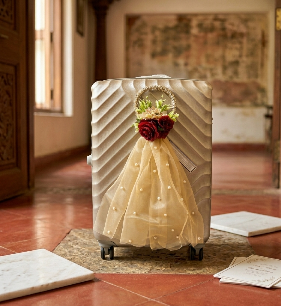 Decorative suitcase with a dress design and floral arrangement on a wooden floor.
