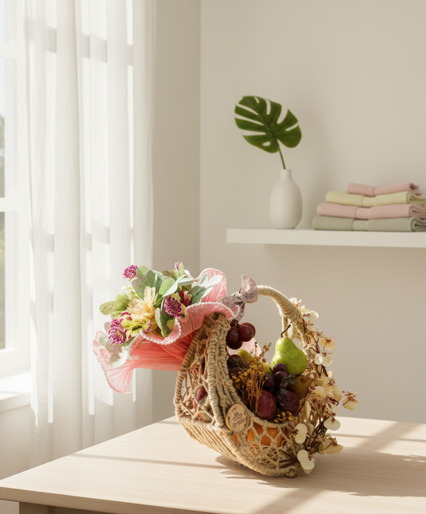 Decorative basket with flowers and fruits on a wooden table near a window.