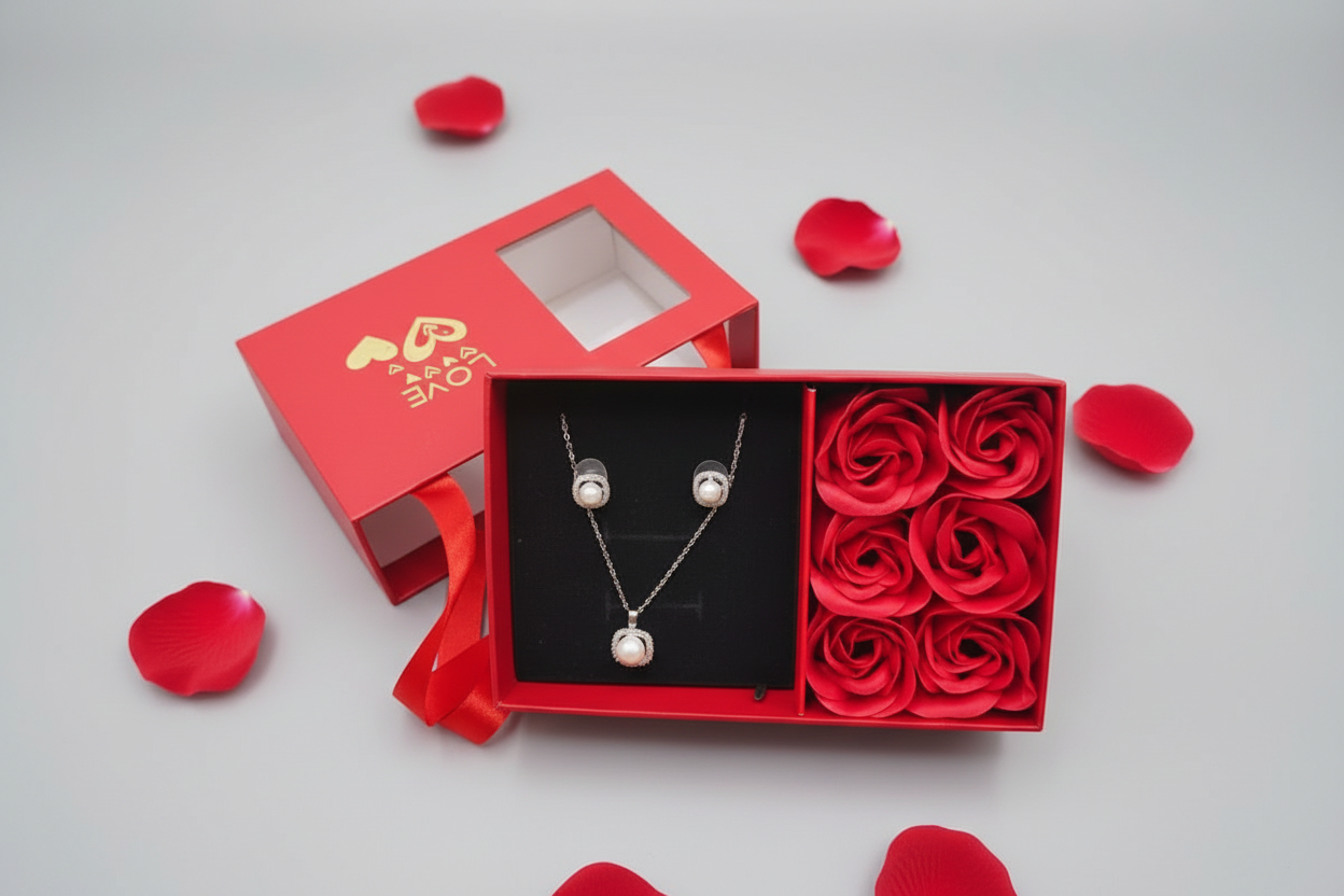 Red jewelry box with necklace and red roses on grass