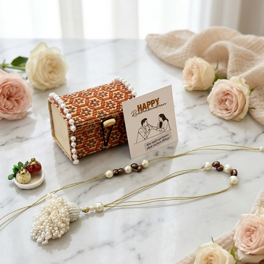Pearl Tassel Rakhi Set with Wooden Treasure Box