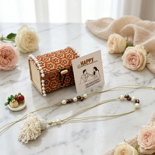 Pearl Tassel Rakhi Set with Wooden Treasure Box