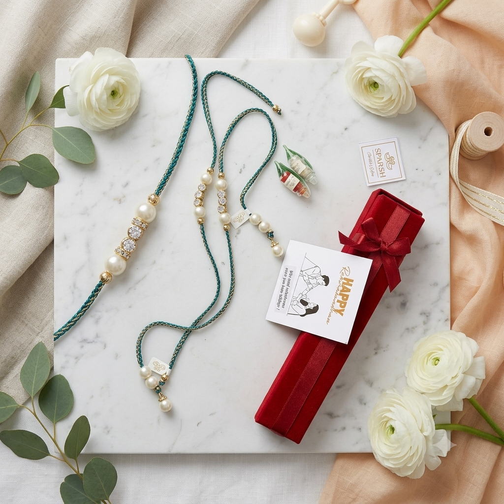 Pearl Bhai abd Bhabhi  CZ Stones Rakhi Set