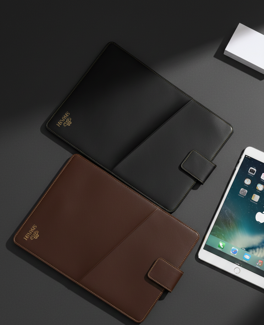 Black leather case with a tablet displaying colorful app icons on a dark surface