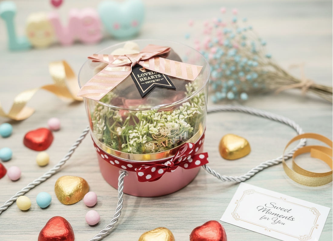 Gift basket with flowers and chocolates in a acrylic gift box