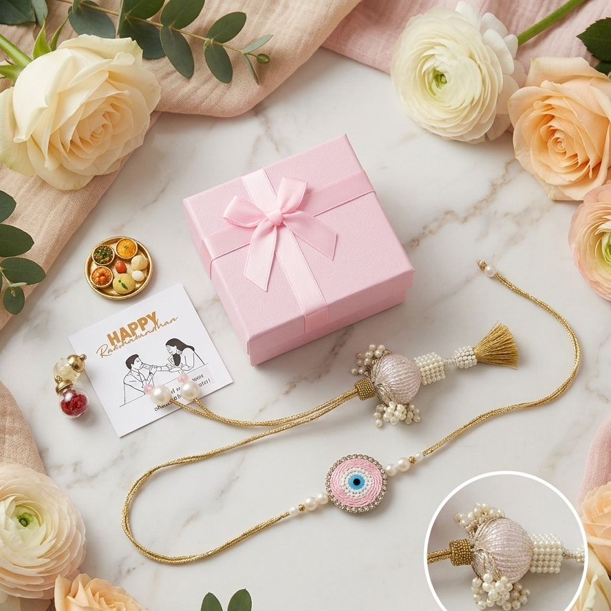 Pink Evil Eye Bhaiya Bhabhi Rakhi Set with Pearl