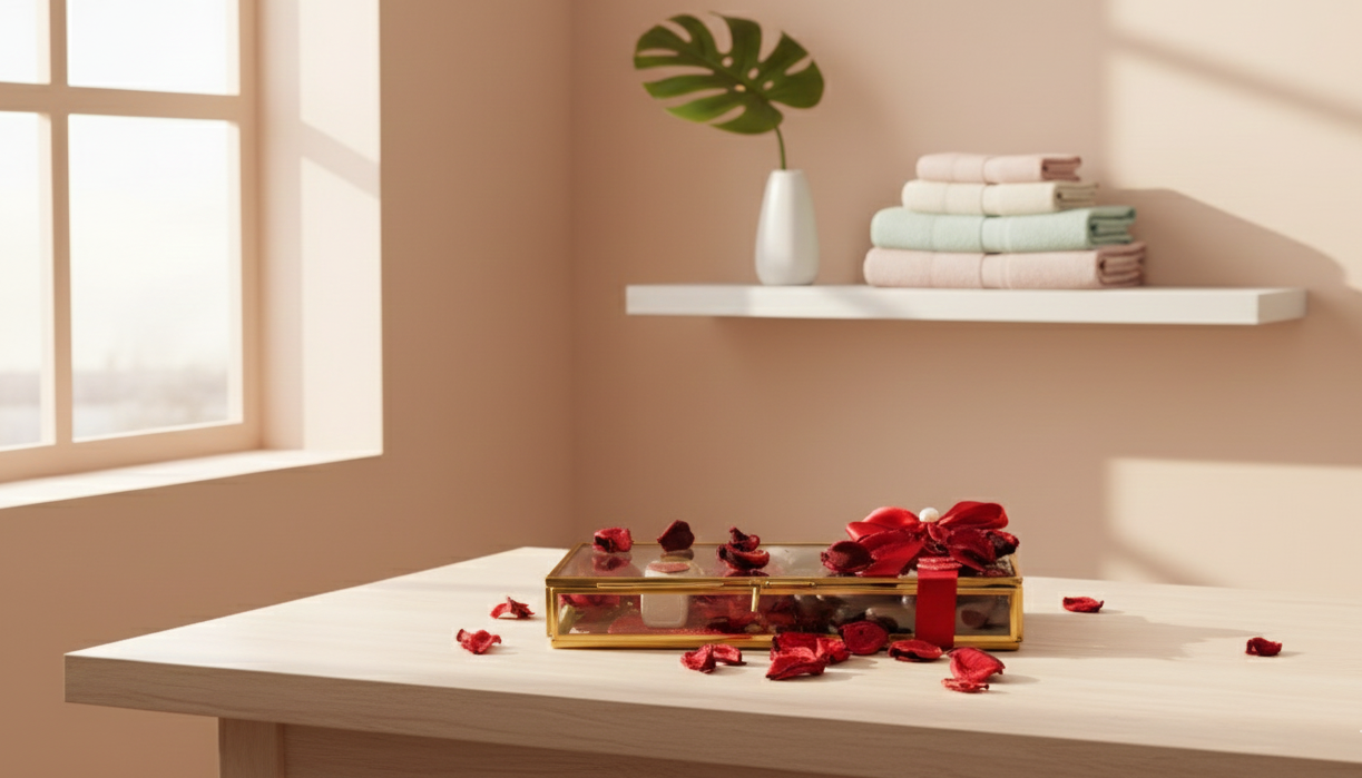 Buy Valentine Glass Gift Hamper – Itra, Choco Almonds & Scented Roses - SPARSH