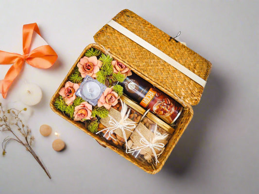 Buy Jute Cane Basket Clutch with Dry Fruits, Candle & Coffee Mocha – Luxury Festive Gift Hamper by SPARSH