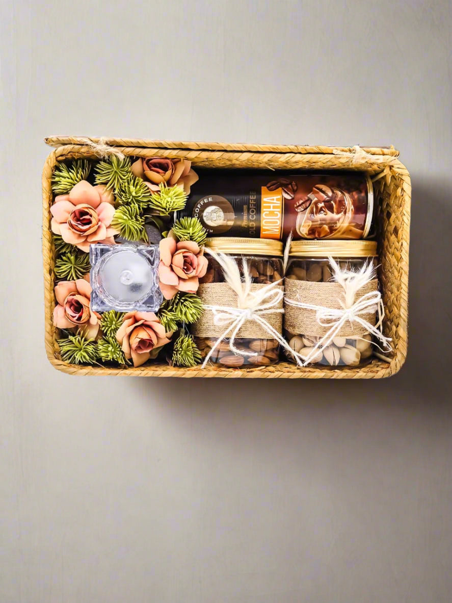 Buy Jute Cane Basket Clutch with Dry Fruits, Candle & Coffee Mocha – Luxury Festive Gift Hamper by SPARSH