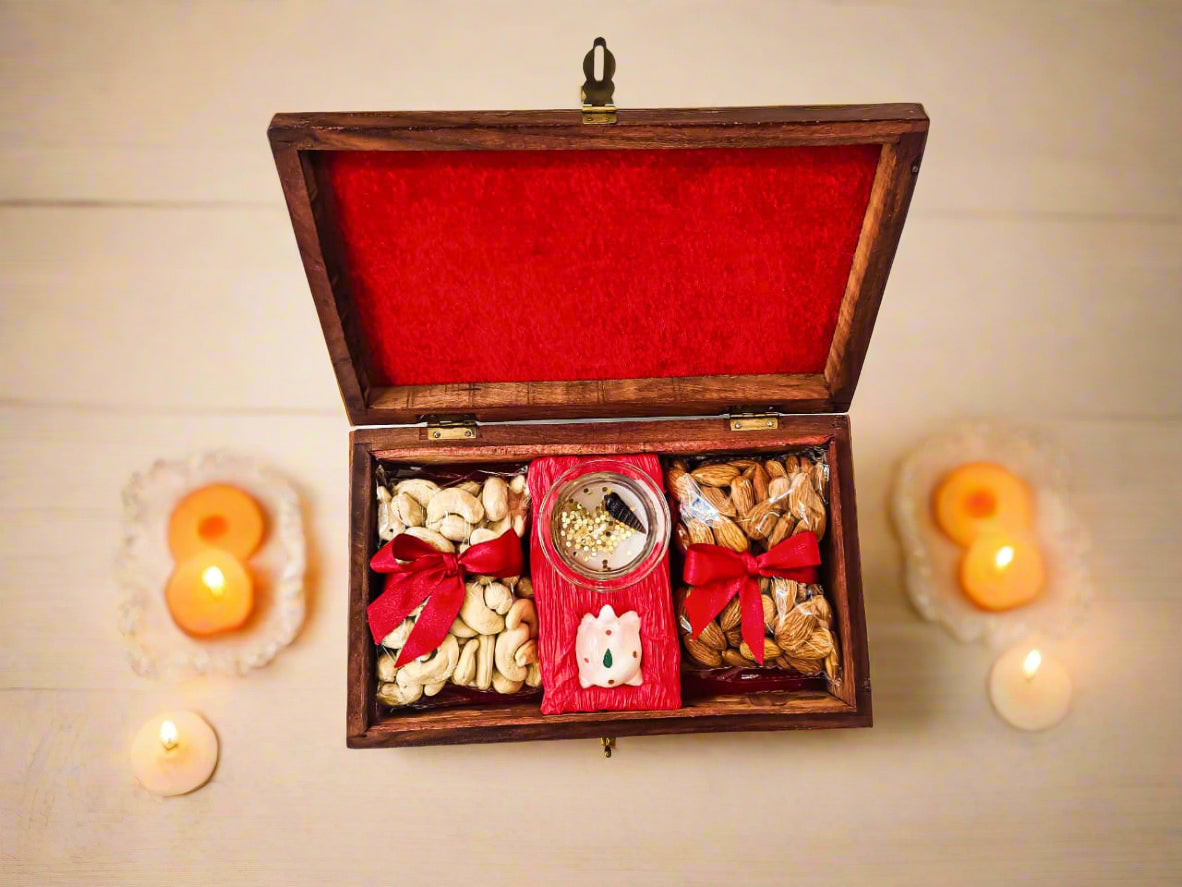 Buy Wooden Diwali Gift Hamper Box with Dry Fruits, Scented Candle & Marble Good Luck Turtle – Luxury Festive Hamper by SPARSH