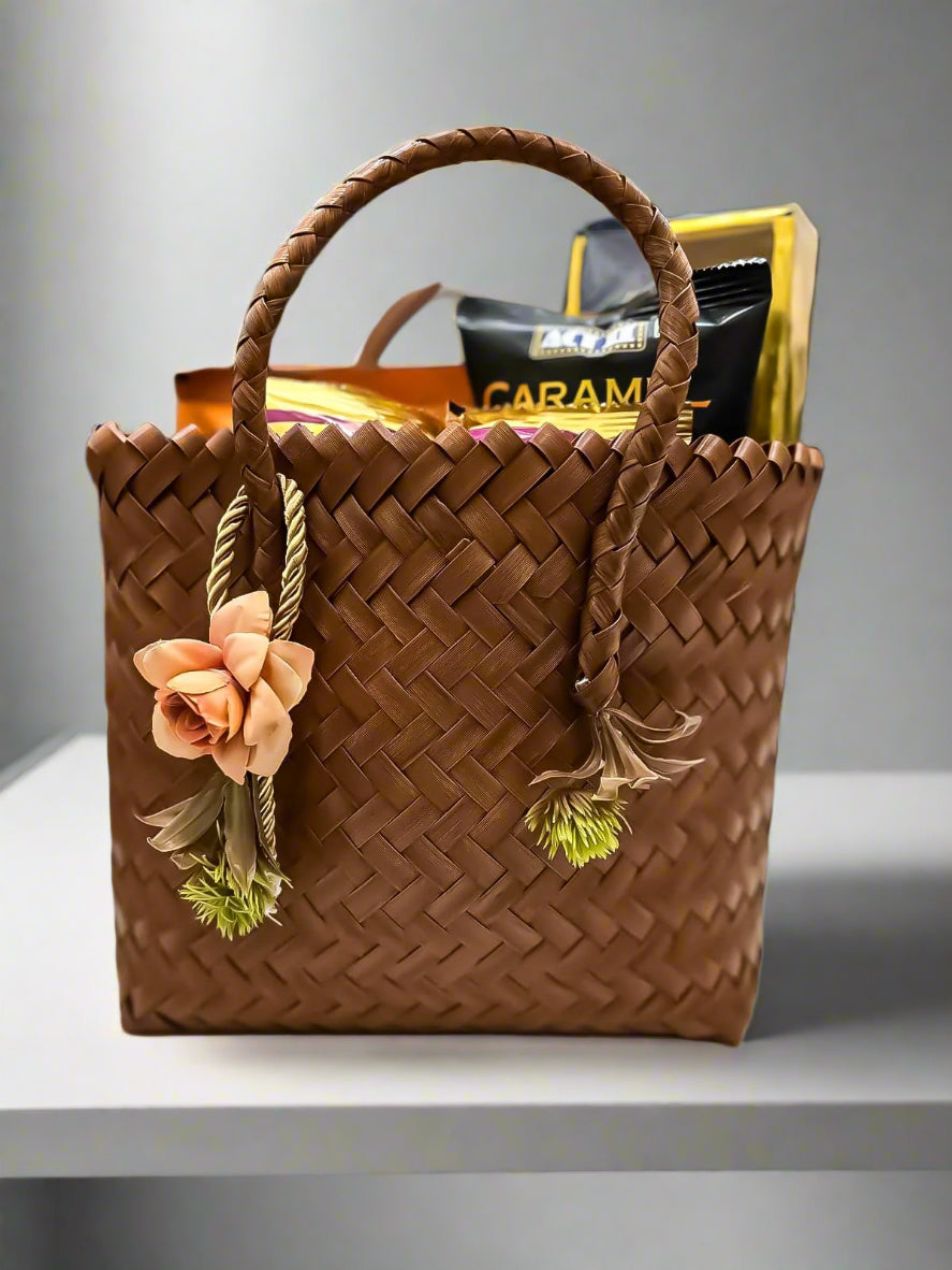 Buy Brown Cane Bag with Floral Candles & Snacks – Luxury Festive Gift Hamper by SPARSH