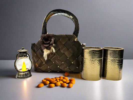 Buy Mini Jute Purse Hamper – Copper Look Dry Fruit Jars with Vintage Electric Candle by SPARSH