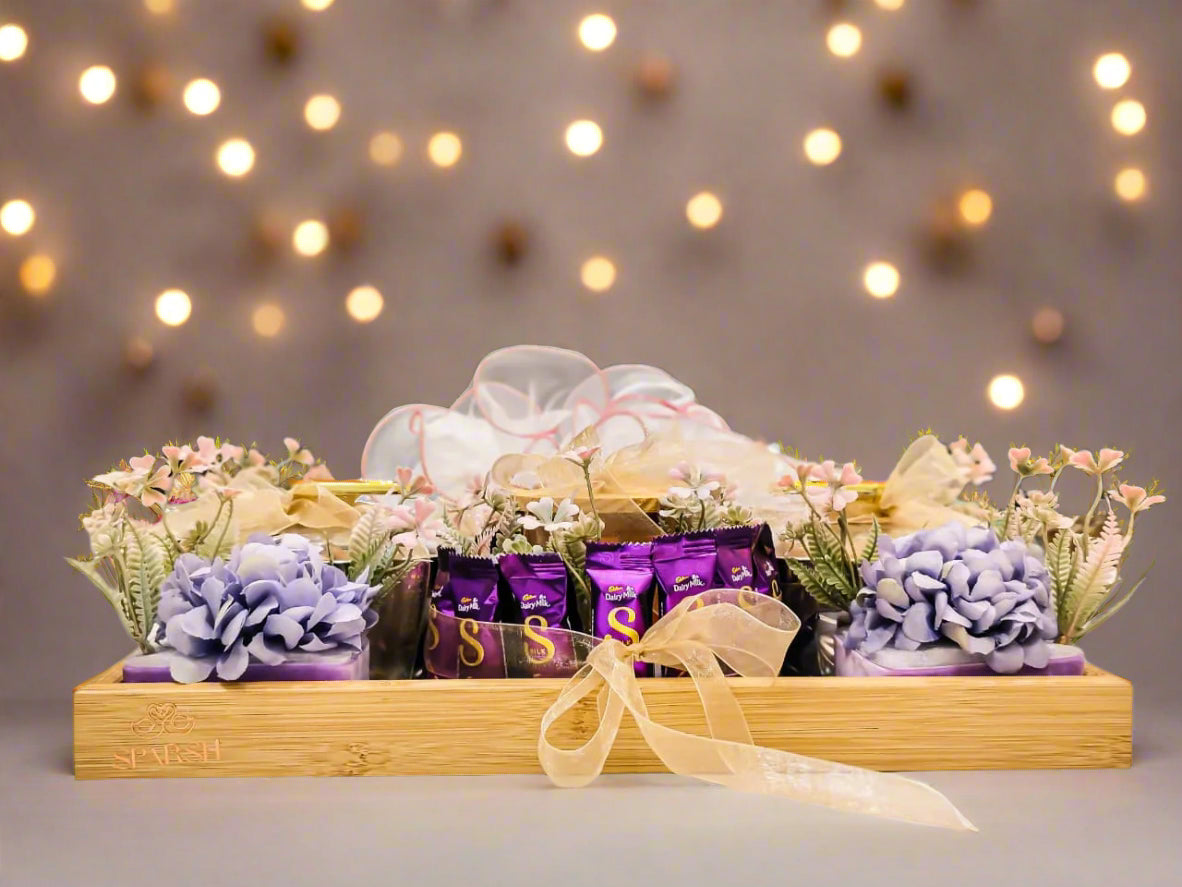 Buy Luxury Gift Tray with Chocolates, Kaju Mathri, Laddoo, Dry Fruits & Scented Candle – Best Diwali & Wedding Hamper