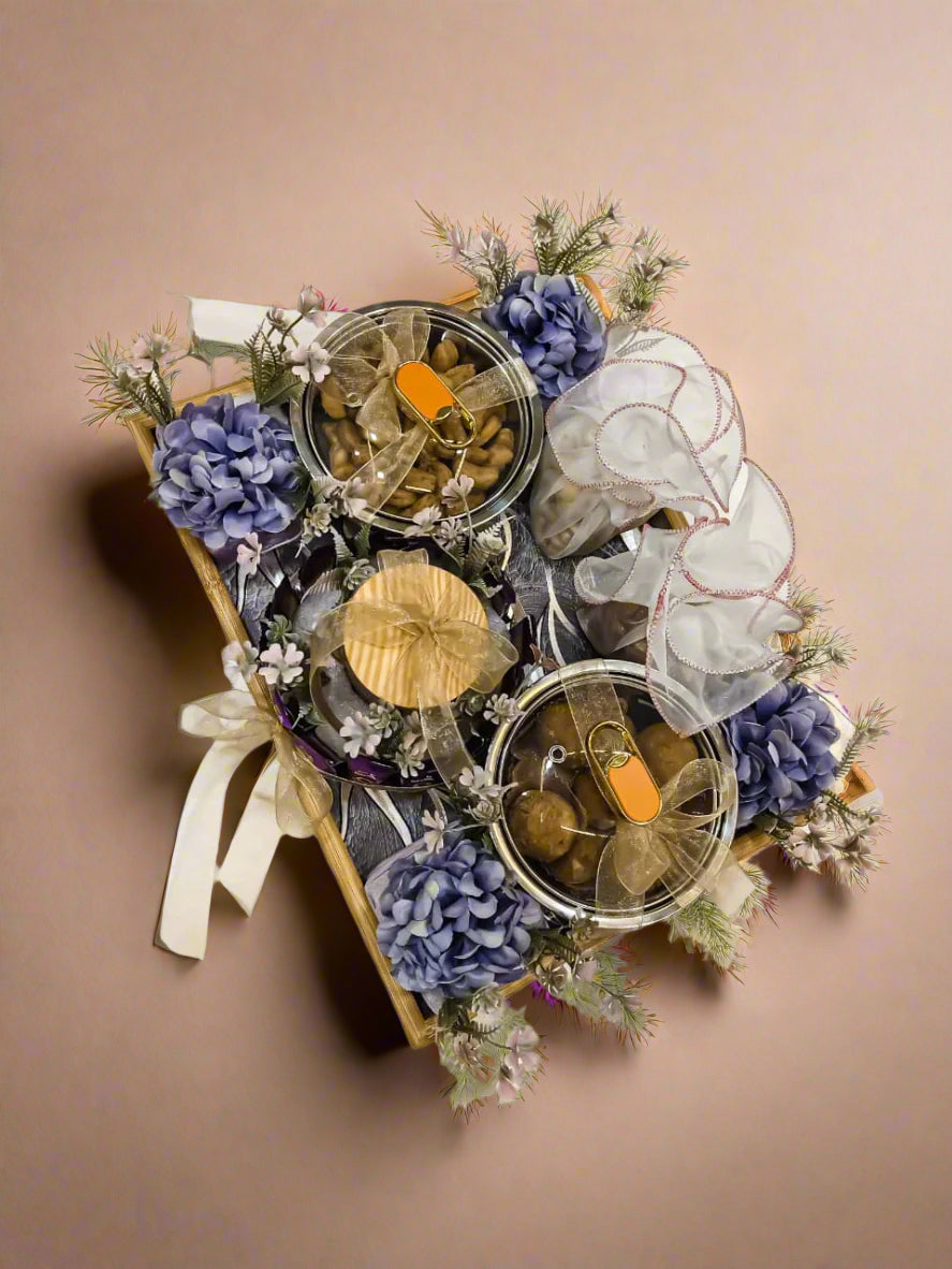 Buy Luxury Gift Tray with Chocolates, Kaju Mathri, Laddoo, Dry Fruits & Scented Candle – Best Diwali & Wedding Hamper