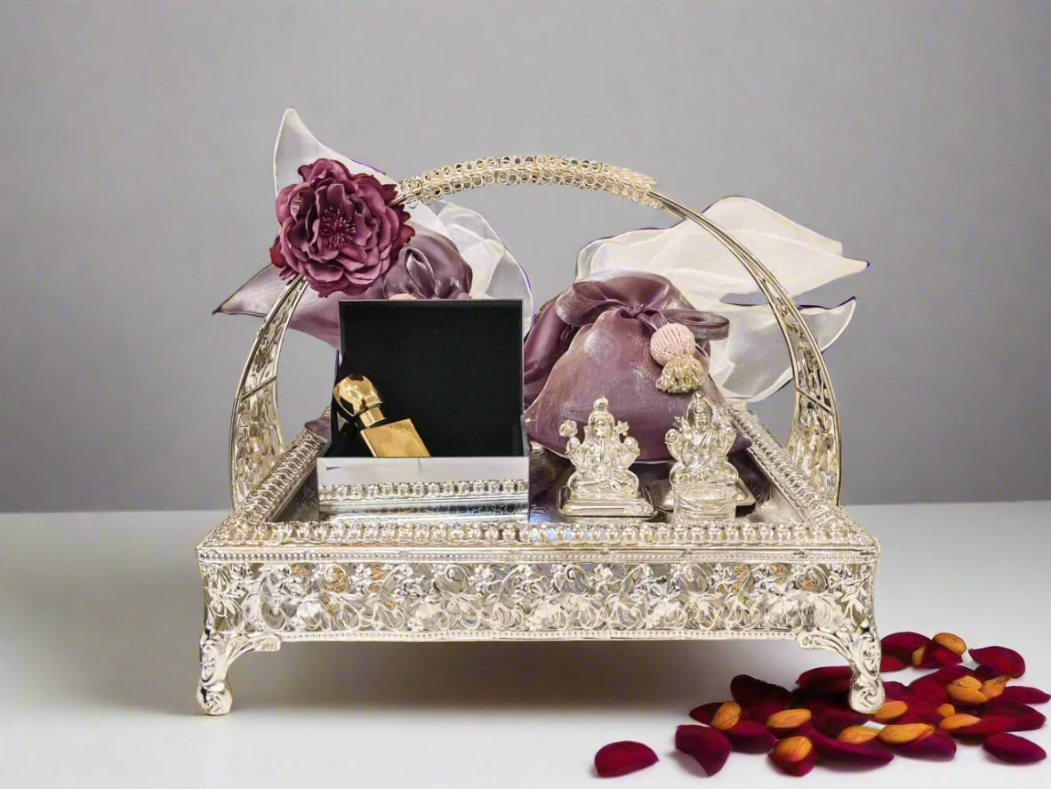 Buy German Silver Diwali Gift Tray with Perfume & Dry Fruits – Luxury Mirror Box Gift Hamper by SPARSH