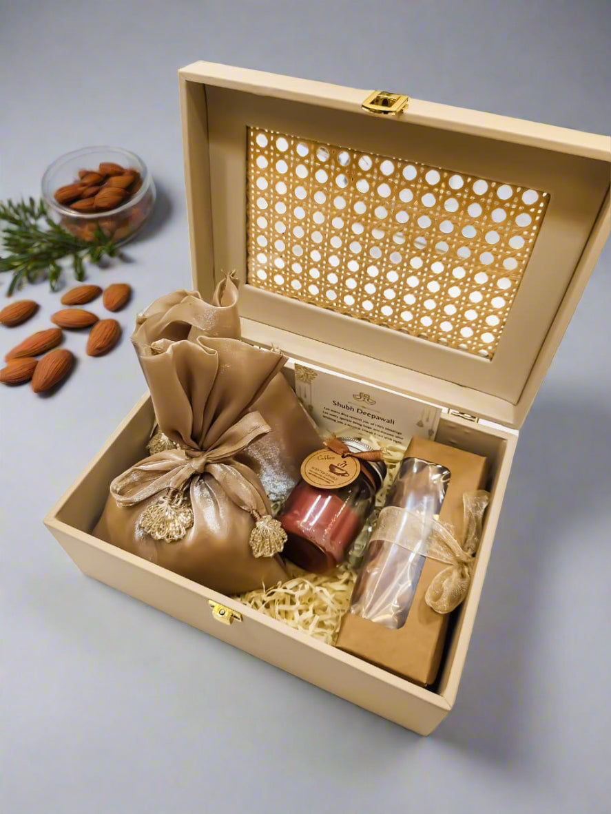 Buy Premium Beige Gift Box – Luxury Coffee, Candle, Dry Fruits & Cookies Gift Hamper by SPARSH