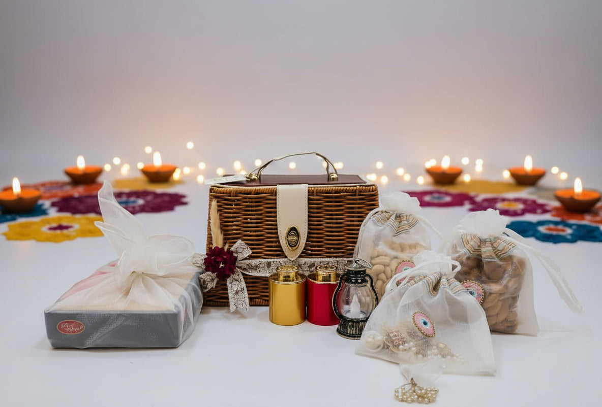 Wicker picnic basket with candles and decorative items on a white surface