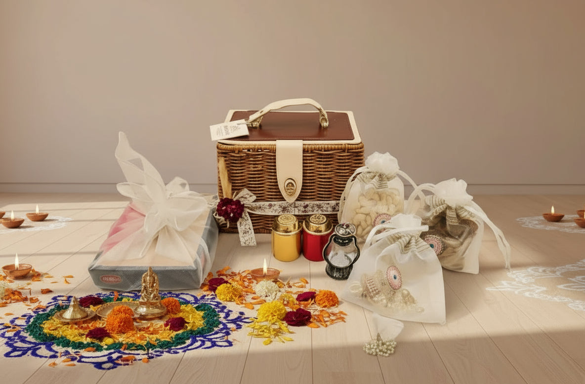 Buy Can Clutch Basket with Leather Lid –  Gift Hamper with Dry Fruits, Sweets, Mukhwas & Candle by SPARSH