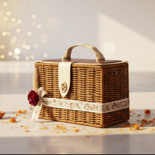 Wicker handbag with decorative ribbon and tag on a white surface