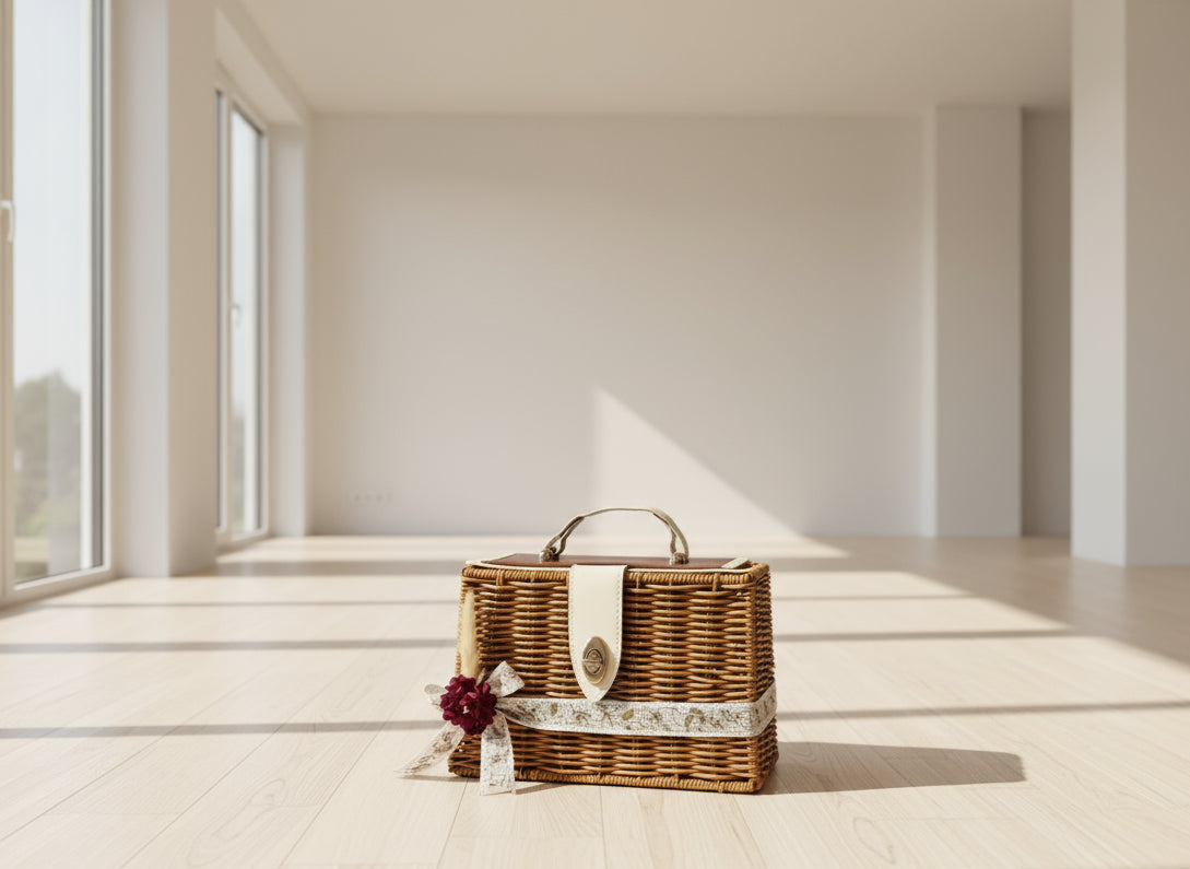 Wicker picnic basket with decorative ribbon and flower on a white surface