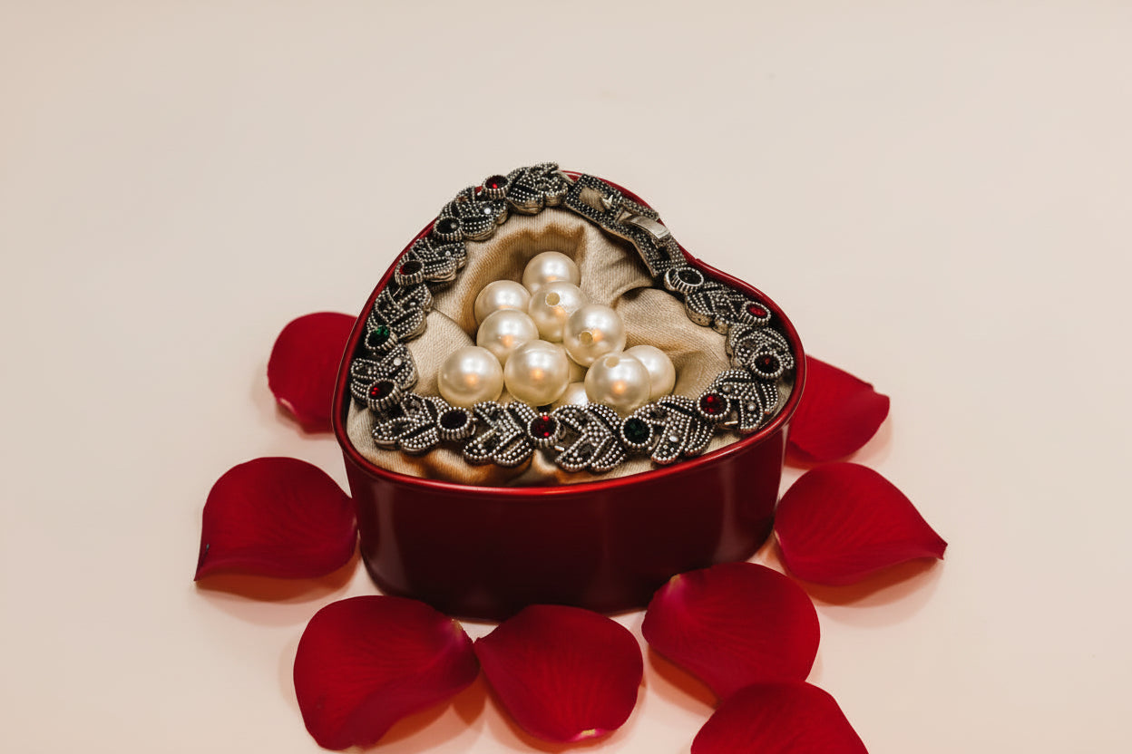 Heart-shaped box with pearls and jewelry on a light background