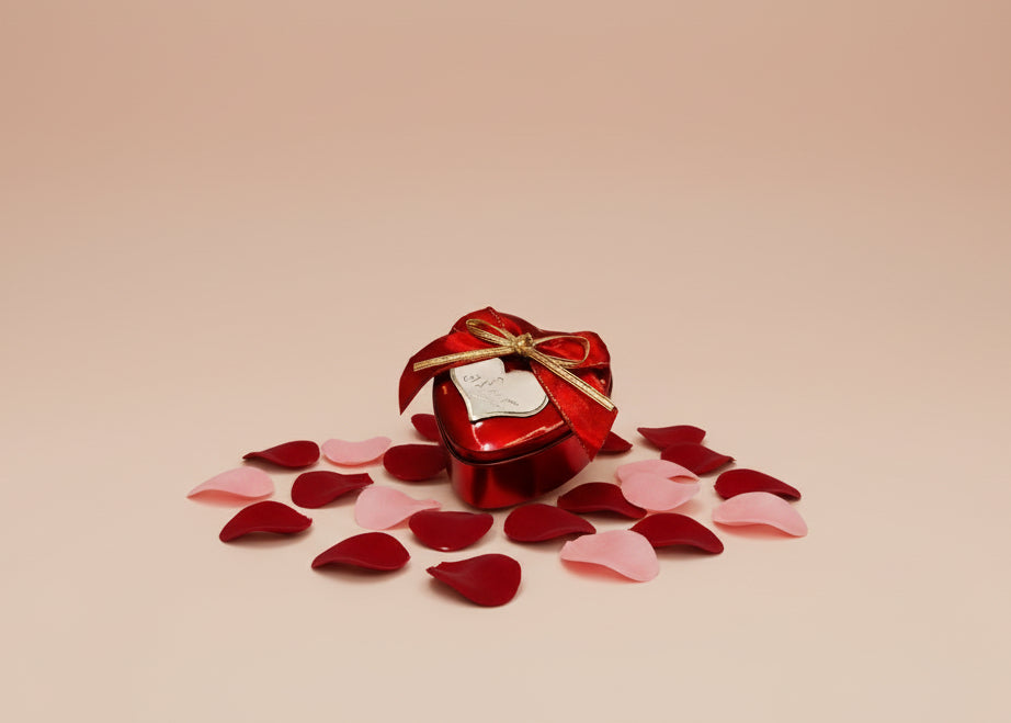 Red heart-shaped gift box with a gold bow on a light background
