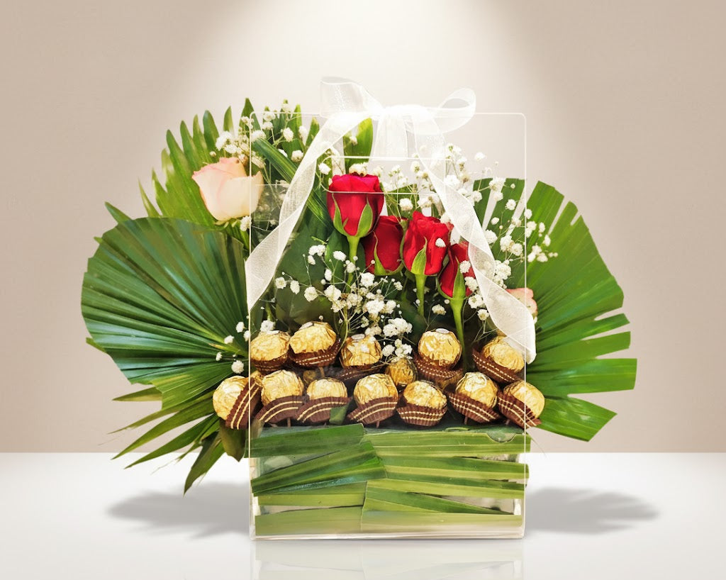 Buy Fresh Red Flower Acrylic Bouquet with Ferrero Rocher – Luxury Acrylic Gift Bag - SPARSH