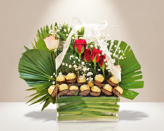 Buy Fresh Red Flower Acrylic Bouquet with Ferrero Rocher – Luxury Acrylic Gift Bag - SPARSH